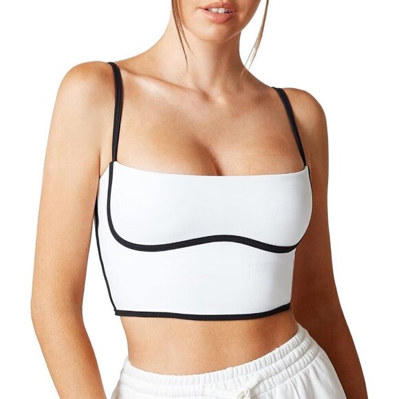 Women White Sports Bra Tank Tops Padded Square Neck Fitness Basic Crop Tops - Picture 1 of 6
